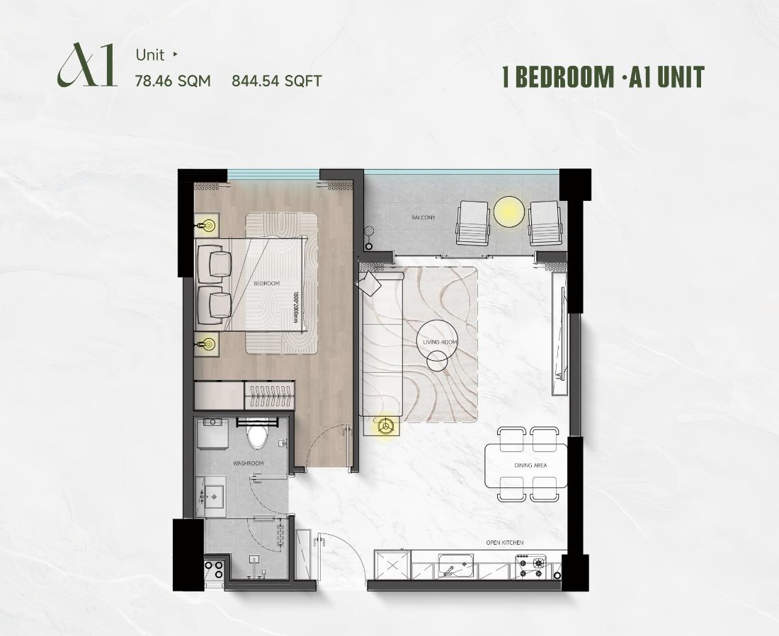 Floor plan of the 1 bedroom (A1)