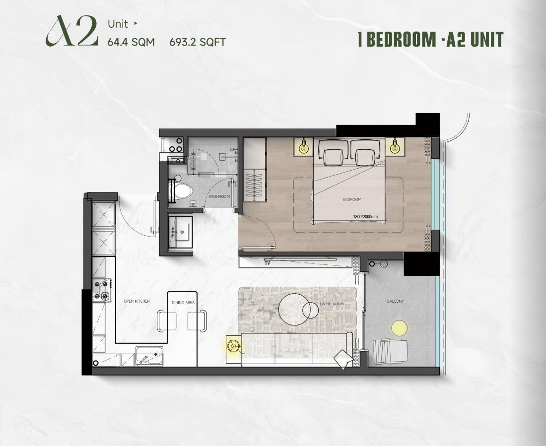 Floor plan of the 1 bedroom (A2)