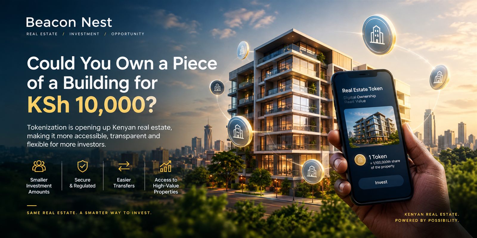 Beacon Nest graphic illustrating real estate tokenization: a residential tower linked to digital token icons and a phone displaying a real estate token investment screen.