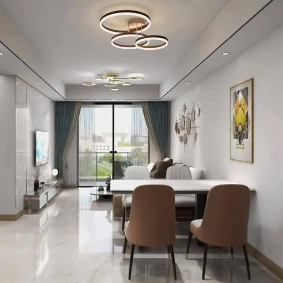 Show-unit render — open living and dining space with a balcony beyond.