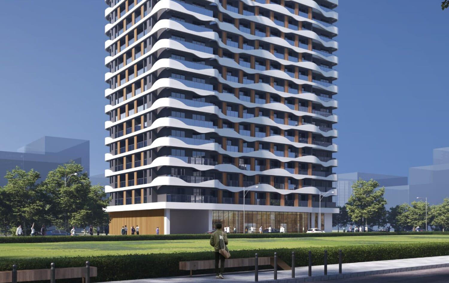 Architectural render of Royal Mirema West, a 15-storey residential tower with wave-form balcony bands.